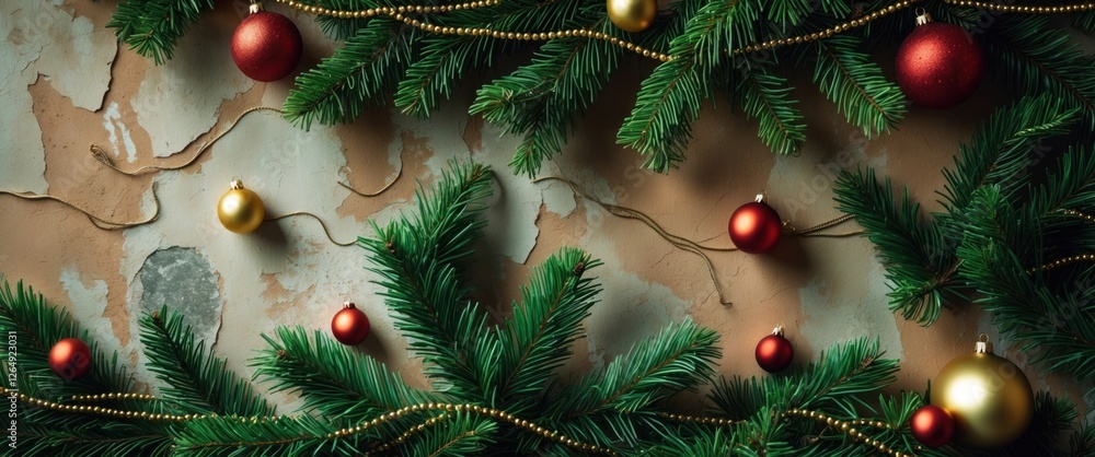 Poster christmas greenery with red and gold ornaments on textured wall background with copy space for holid