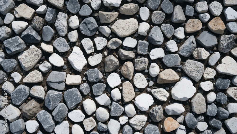 Poster Multicolored gravel texture background with varying sizes of white and gray stones for landscaping and construction use Copy Space