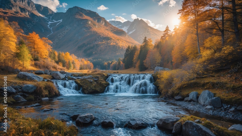 Poster autumn landscape with waterfall and flowing river in mountainous region during sunset with colorful 
