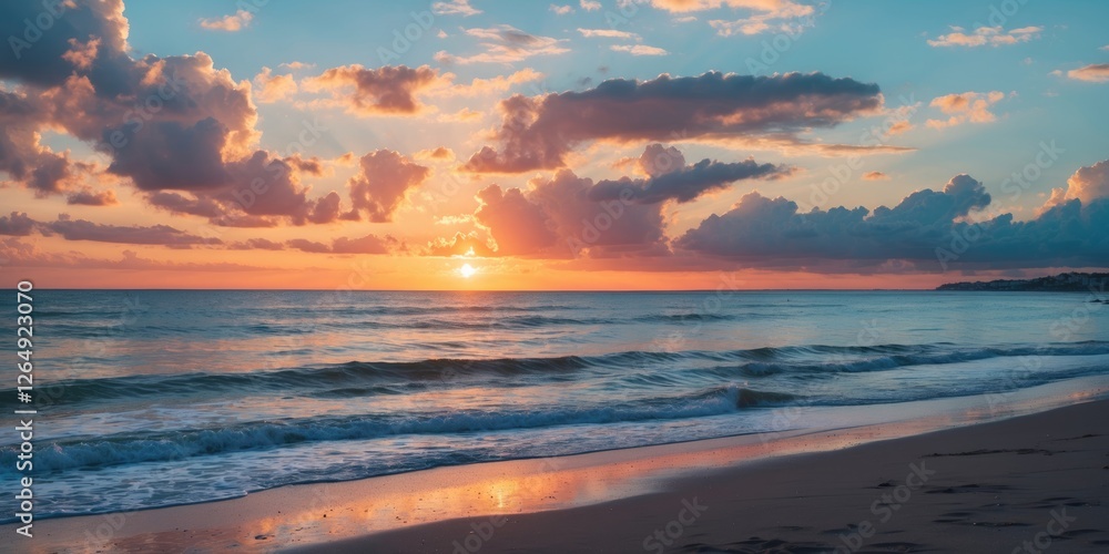 Poster sunset over the ocean with colorful clouds reflecting on the water's surface beach landscape with ge
