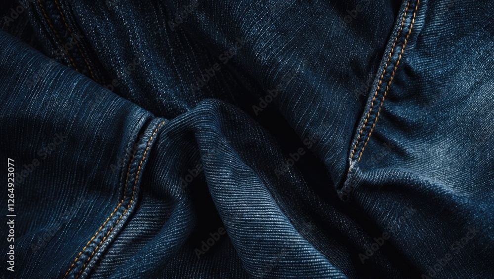 Poster dark denim fabric close-up with visible texture and stitching details. suitable for fashion and text