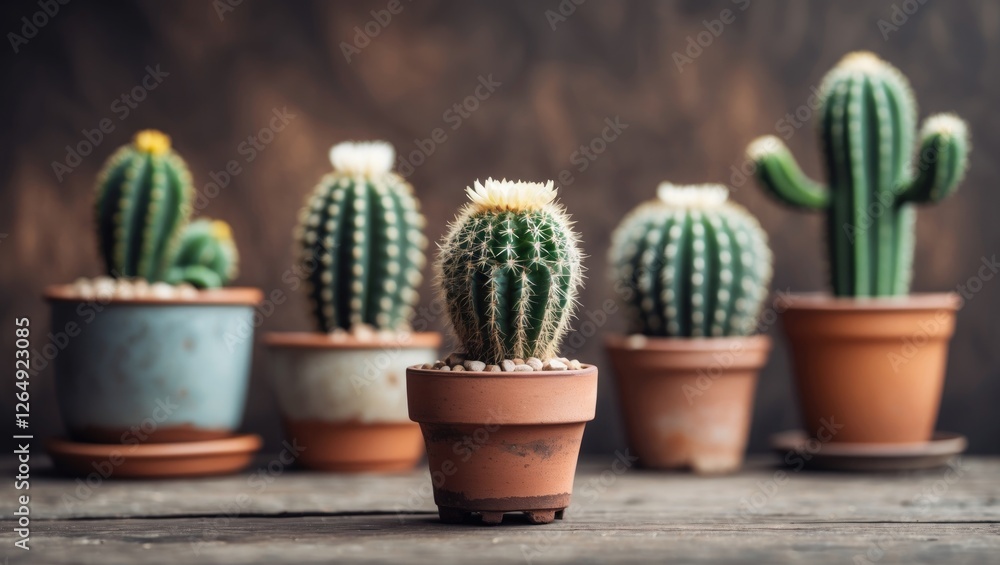 Poster Various cacti in pots displayed on a wooden surface with natural lighting showcasing their different shapes and textures Copy Space