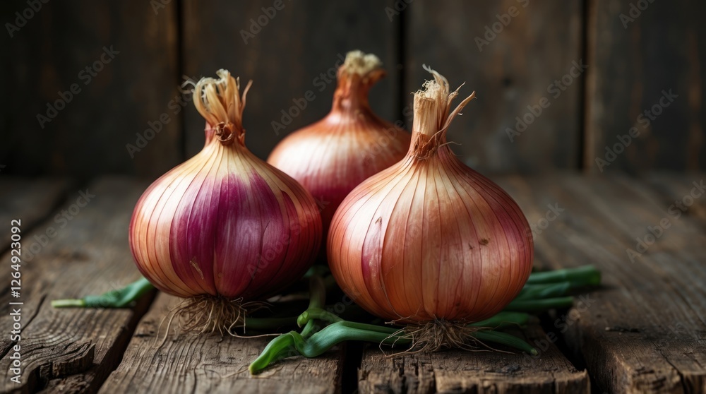 Poster fresh red onions on wooden table with green onion tops visible copy space