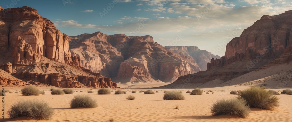 Poster desert landscape with rock formations and sparse vegetation under a cloudy sky copy space