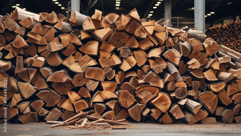 Aufkleber stacked logs in wooden lumber yard with circular cross-sections and natural textures, focused compos