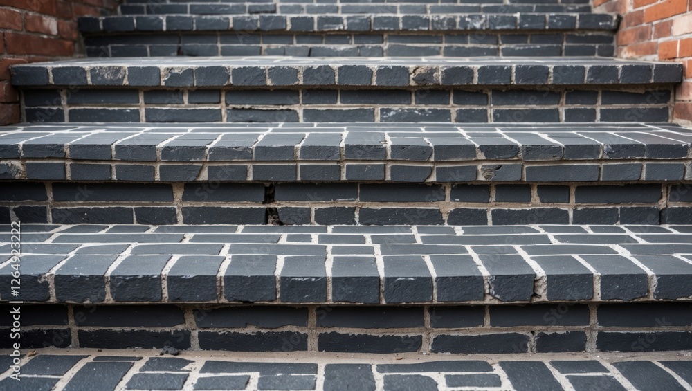 Poster black brick staircase steps with textured surface, close-up view, suitable for architectural and des