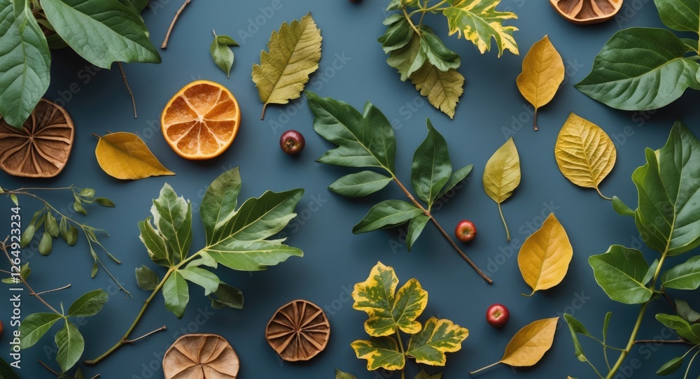 Poster dried and fresh leaves arranged on dark blue background with dried citrus slices and small fruits co
