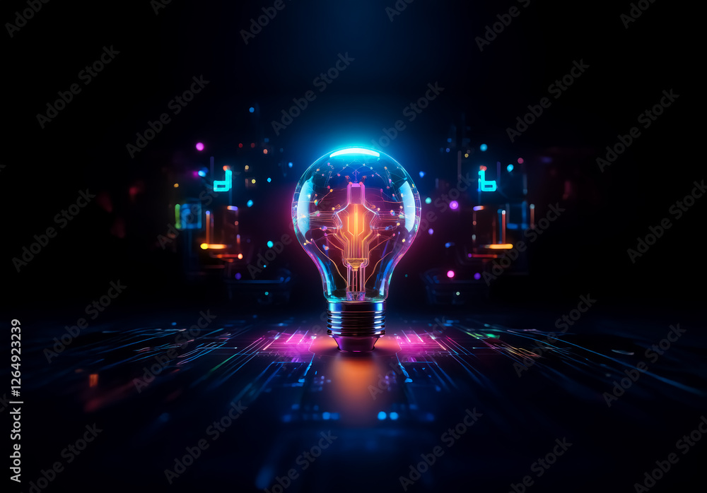 Aufkleber A digital lightbulb emits bright blue and orange light. Circuitry forms the bulb shape on a dark background with glowing trails extending from its base.