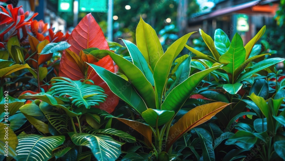 Poster lush tropical foliage with various green and red leaves in a vibrant garden setting with blurred bac