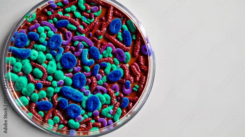 Poster colorful bacterial colonies developing inside sterilized petri dish, revealing intricate growth patt