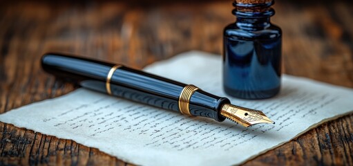 Naklejka premium Elegant Fountain Pen and Inkwell on Antique Paper