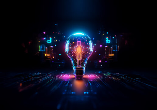 A digital lightbulb emits bright blue and orange light. Circuitry forms the bulb shape on a dark background with glowing trails extending from its base.