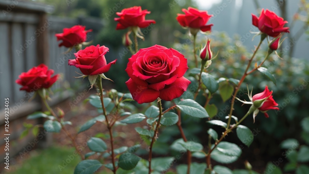 Poster Close-up of vibrant red roses in bloom with lush green leaves in a garden setting with soft background  Copy Space