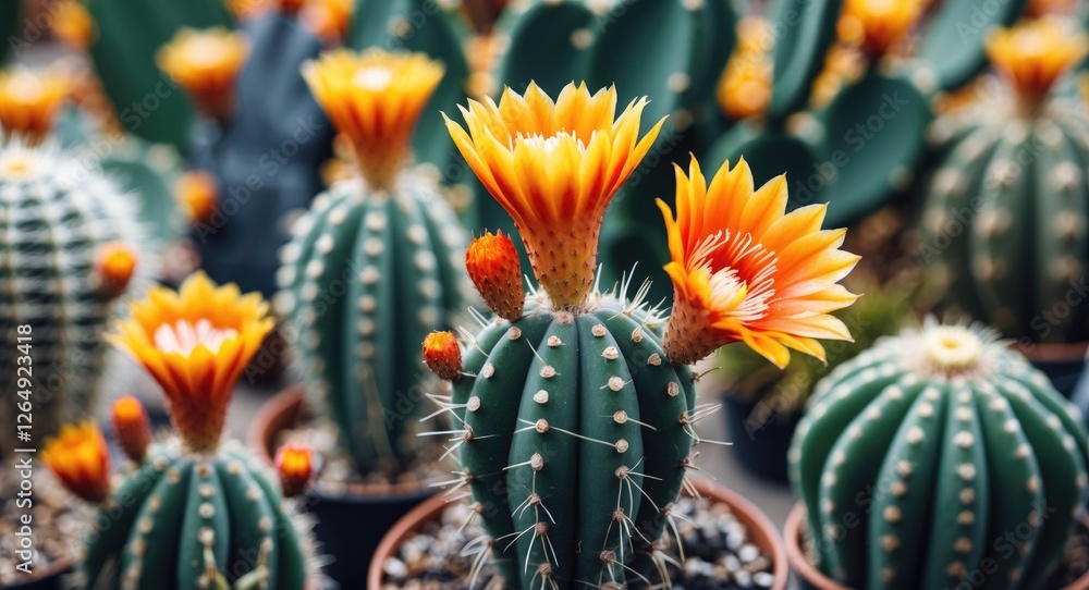 Aufkleber cacti with vibrant orange and yellow flowers in pots captured in a greenhouse setting with copy spac