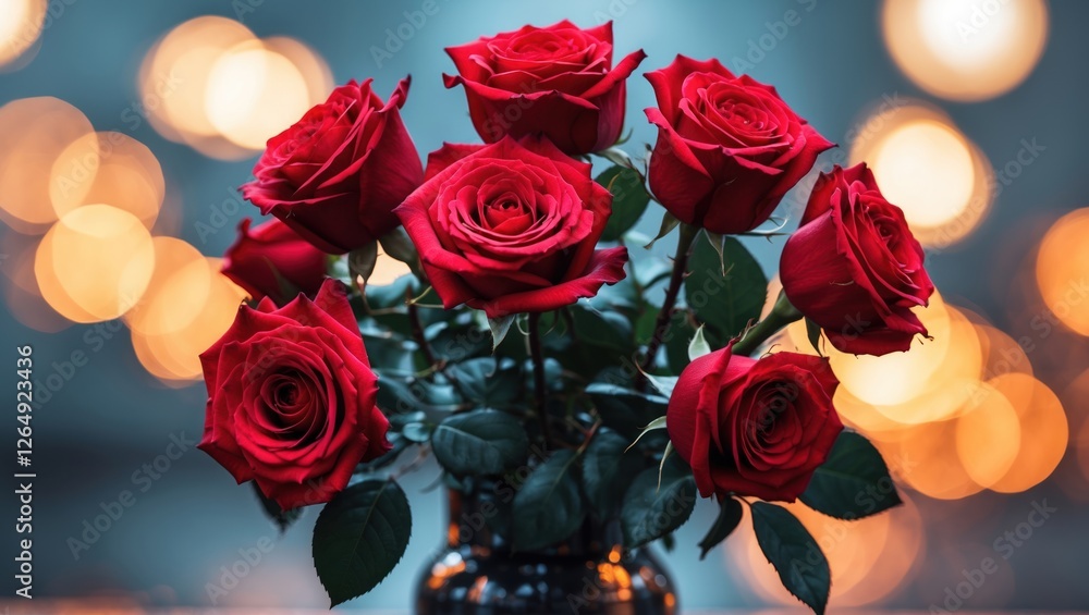 Poster bouquet of red roses with blurred bokeh background and dark vase on wooden table floral arrangement 