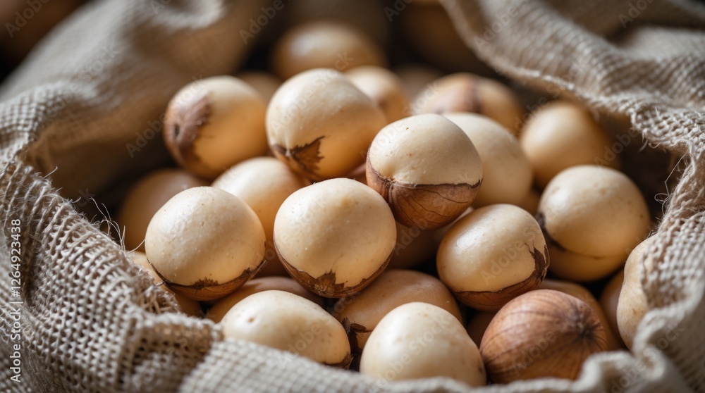 Aufkleber natural raw wooden beads in a burlap sack with textured fabric background and soft lighting, suitabl