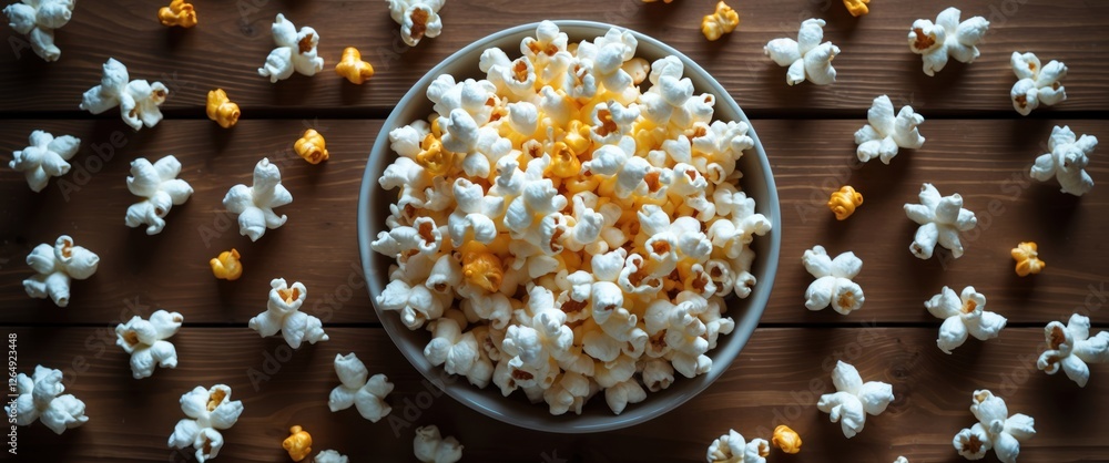 Aufkleber bowl of freshly popped popcorn surrounded by scattered popcorn kernels on a wooden surface with copy