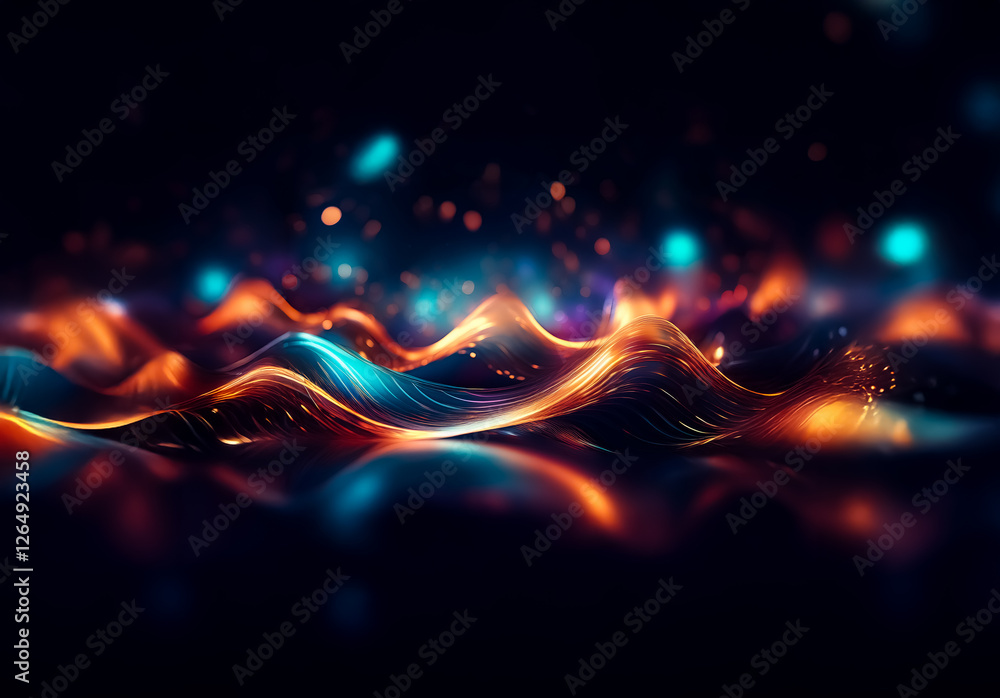 Poster abstract waves of orange and blue light undulate across a dark plane, creating a vibrant and dynamic