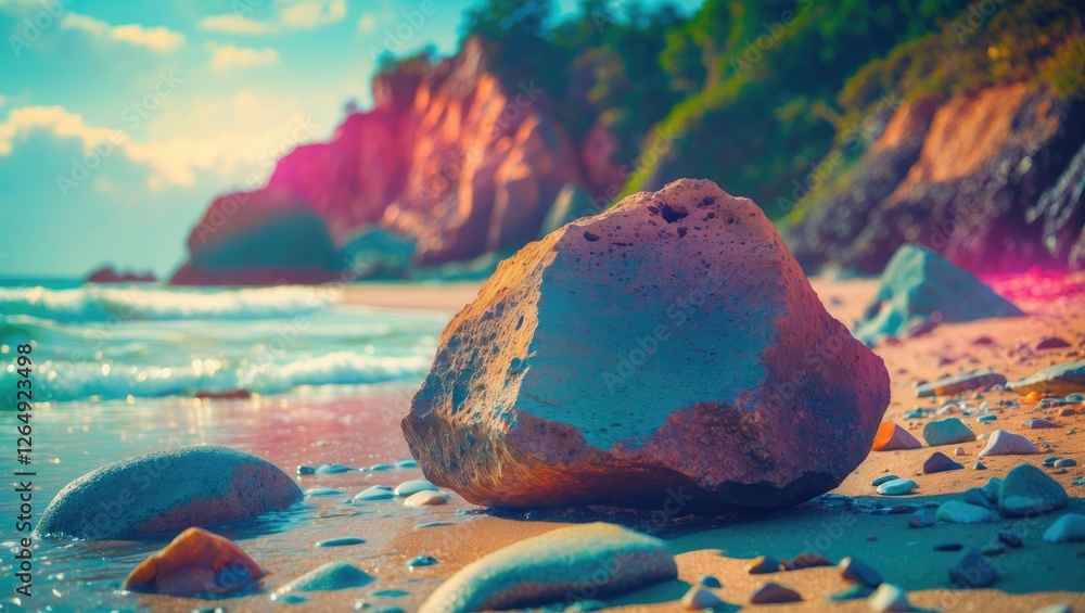 Poster large rock on sandy beach with gentle waves and a sunny sky in the background, nature landscape with
