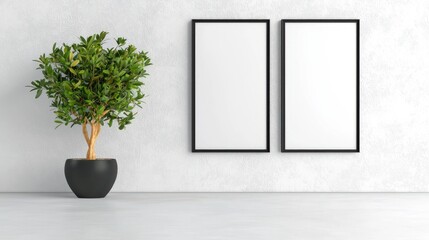 Fototapeta premium Modern Minimalist Interior Two Blank Frames Potted Plant