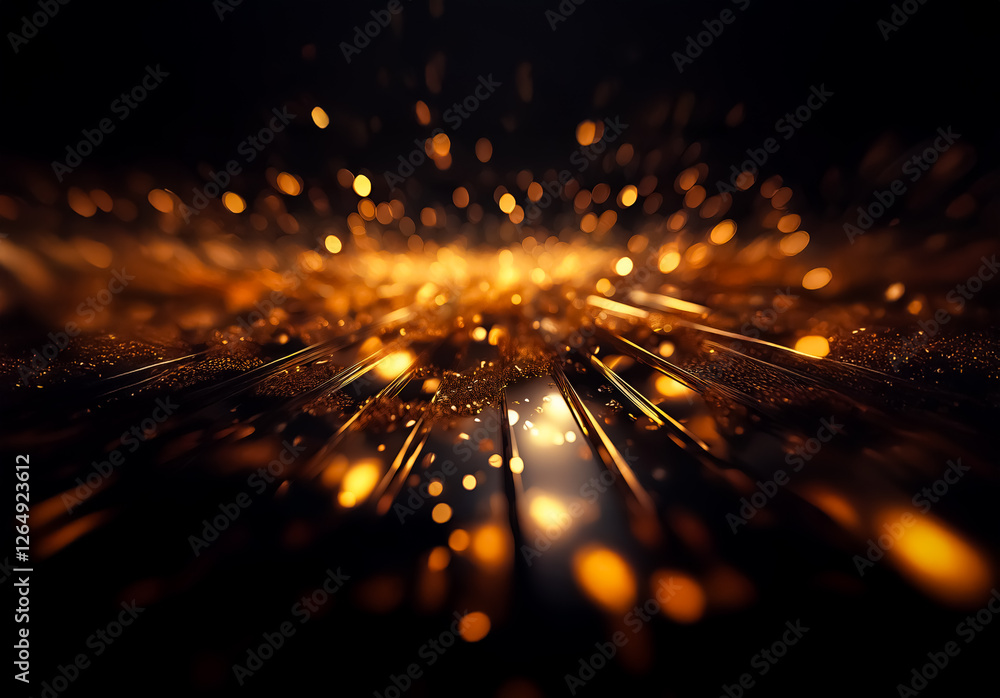 Poster vibrant golden sparks erupt and scatter across a deep dark expanse, generating a captivating visual 