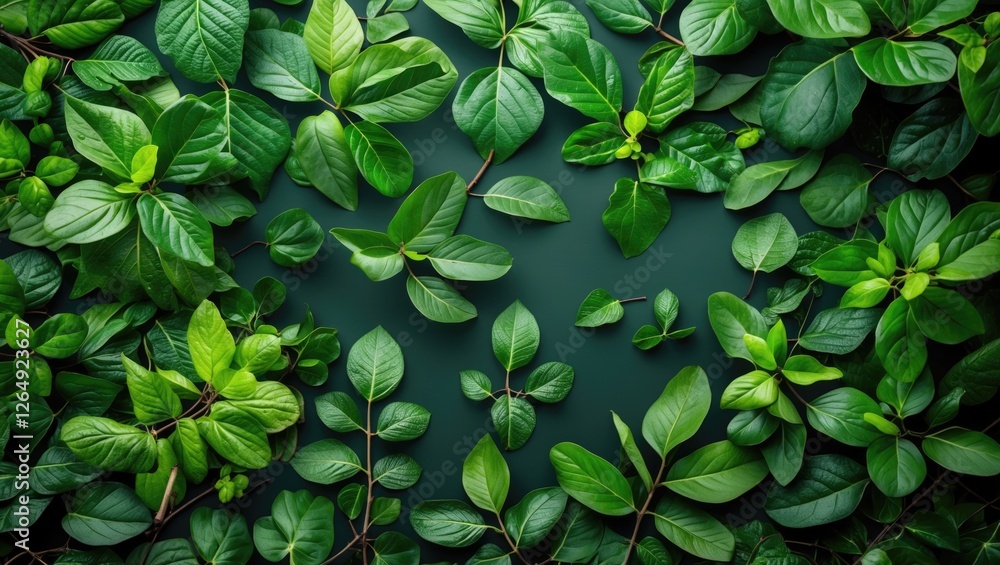 Poster various green leaves arranged on a dark background showcasing diverse shapes and textures copy space