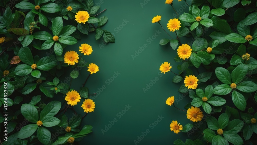 Poster yellow flowers surrounded by green leaves on a dark green background with copy space for text placem