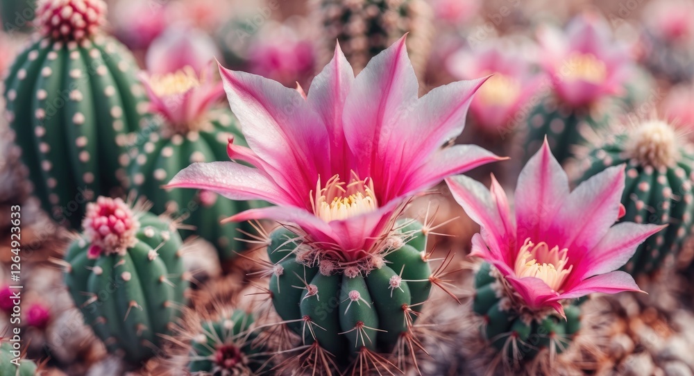 Poster vibrant blooming cactus flowers in natural setting with multiple cacti and pink petals and copy spac