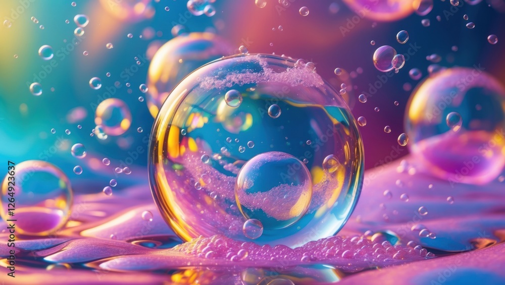 Aufkleber Colorful soap bubbles floating on a reflective surface with a vibrant abstract background and soft focus Copy Space
