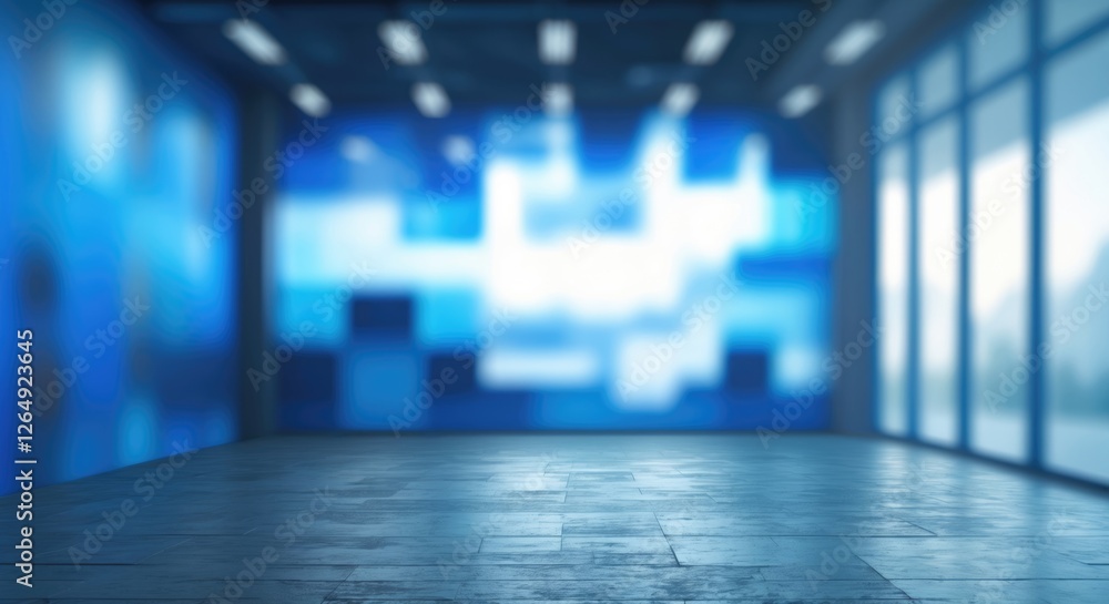 Poster abstract blurred interior space with blue hues and large windows providing natural light, featuring 
