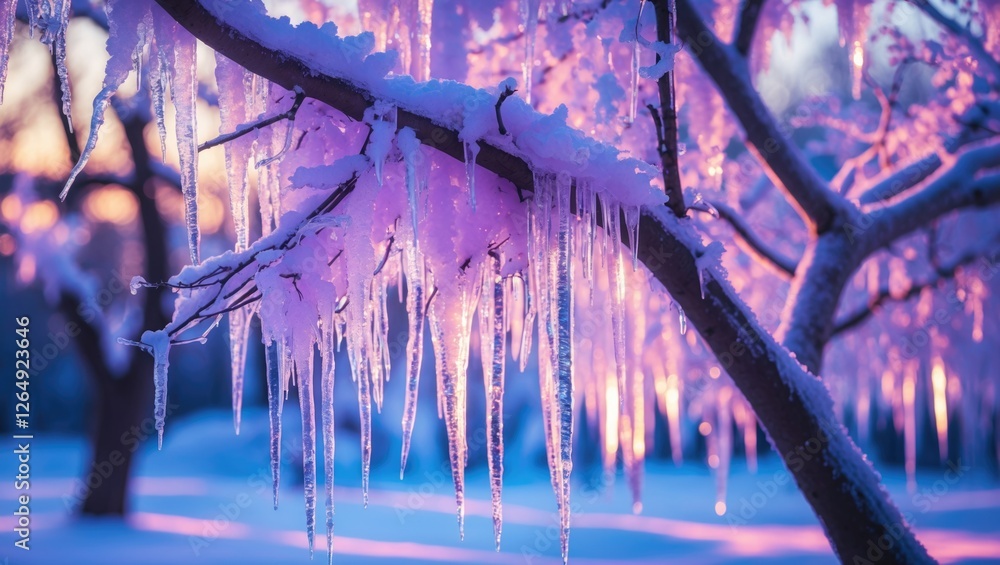 Poster winter scene featuring a tree branch covered in icicles and snow with soft pastel colors in the back