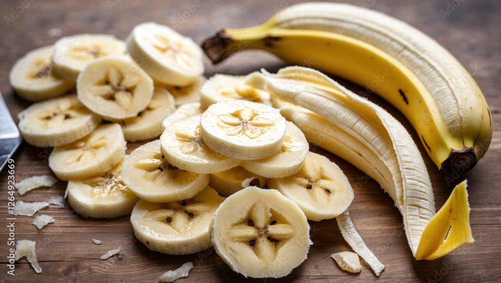 Poster sliced bananas on a wooden surface with whole bananas in the background showing fresh fruit details 