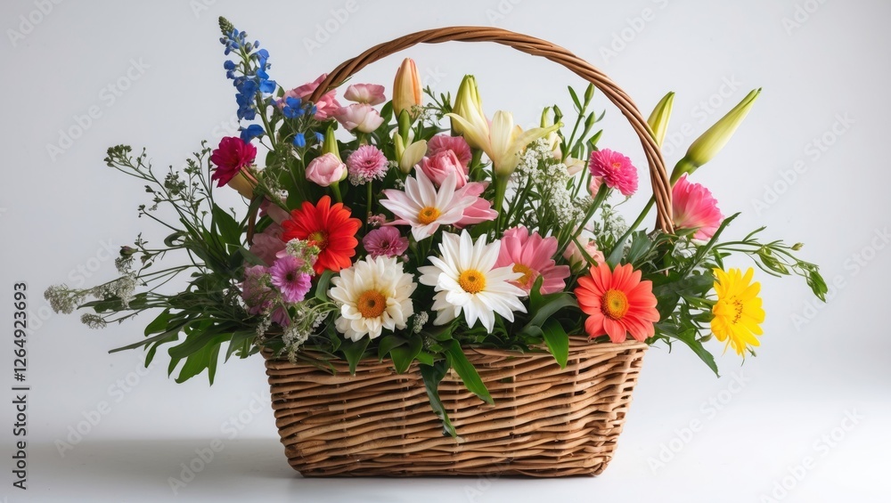 Poster colorful flower arrangement in a wicker basket with assorted blooms and greenery on a plain backgrou