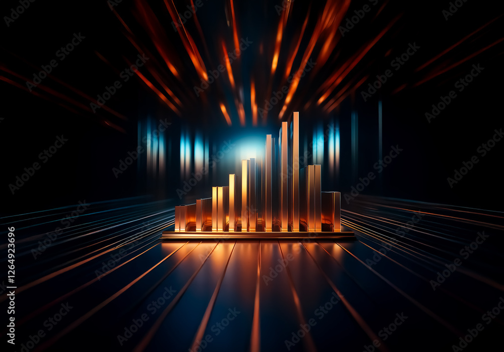 Poster illuminated abstract bar graph in spotlight on dark stage. golden bars show progress and growth with