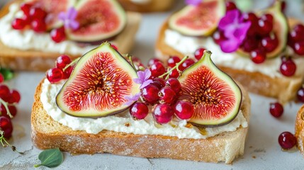 Artistic food composition of golden toast with cream cheese, juicy figs, red currants, and honey, arranged with fresh flowers