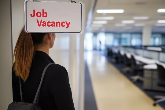 Woman Looking at Job Vacancy Sign in Modern Office Environment