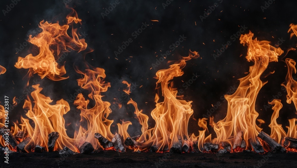 Poster flames of fire with glowing charcoal in a dark setting isolated on black background copy space