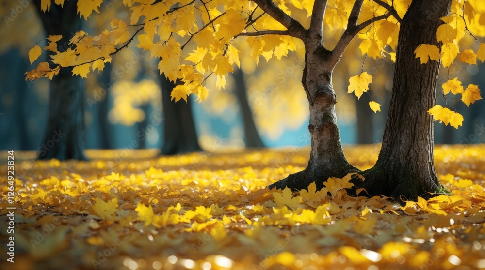 Poster Autumn landscape with yellow leaves on trees and ground in a serene forest setting with soft lighting and colorful foliage
