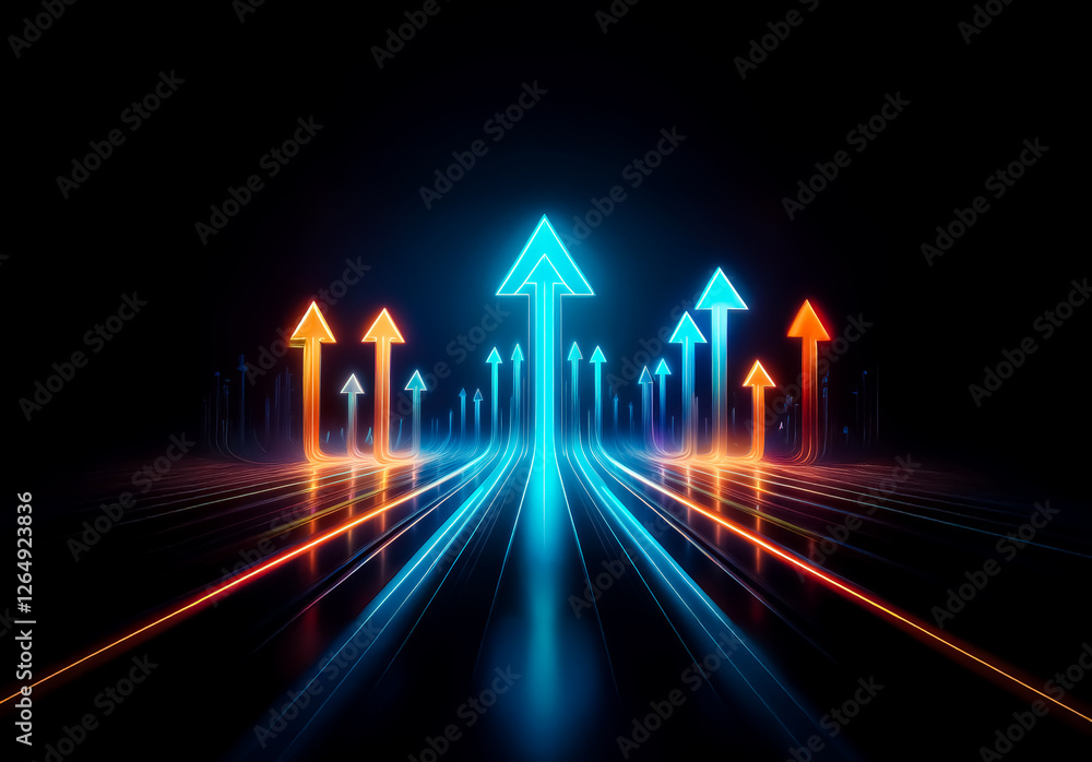 Poster Futuristic neon arrows in blue and orange hues point upwards against a black backdrop, symbolizing progress and forward direction with illuminated paths.
