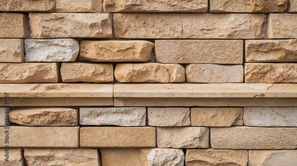 Aufkleber Textured wall made of various sizes of beige and light brown stone blocks with a horizontal line of smooth stone at the top Copy Space