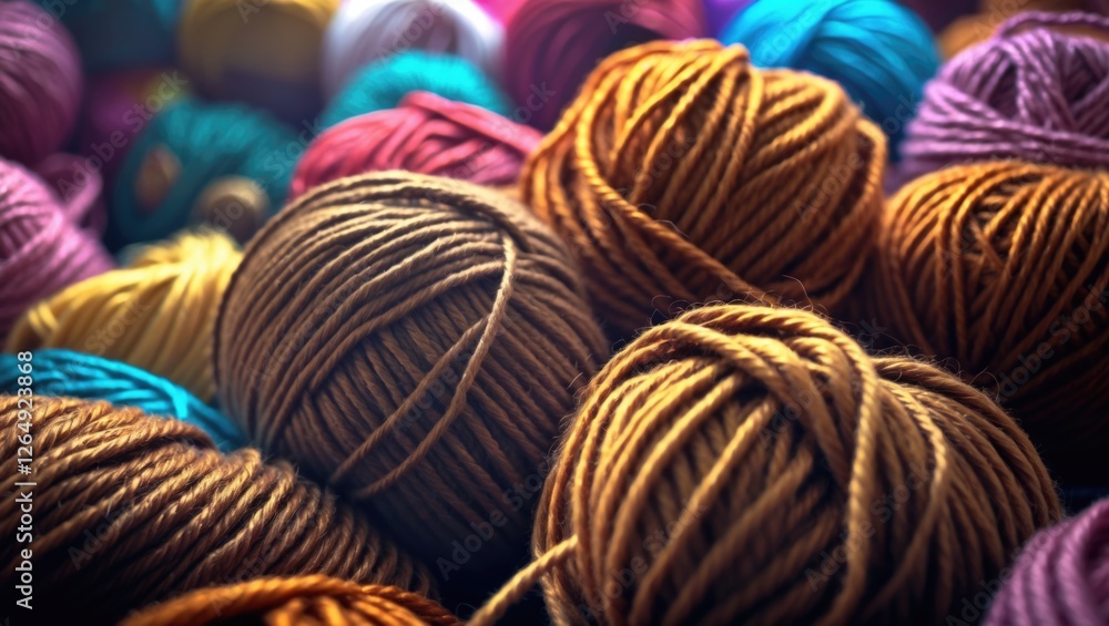 Poster colorful skeins of yarn in various shades arranged in a heap for textile and craft background with c