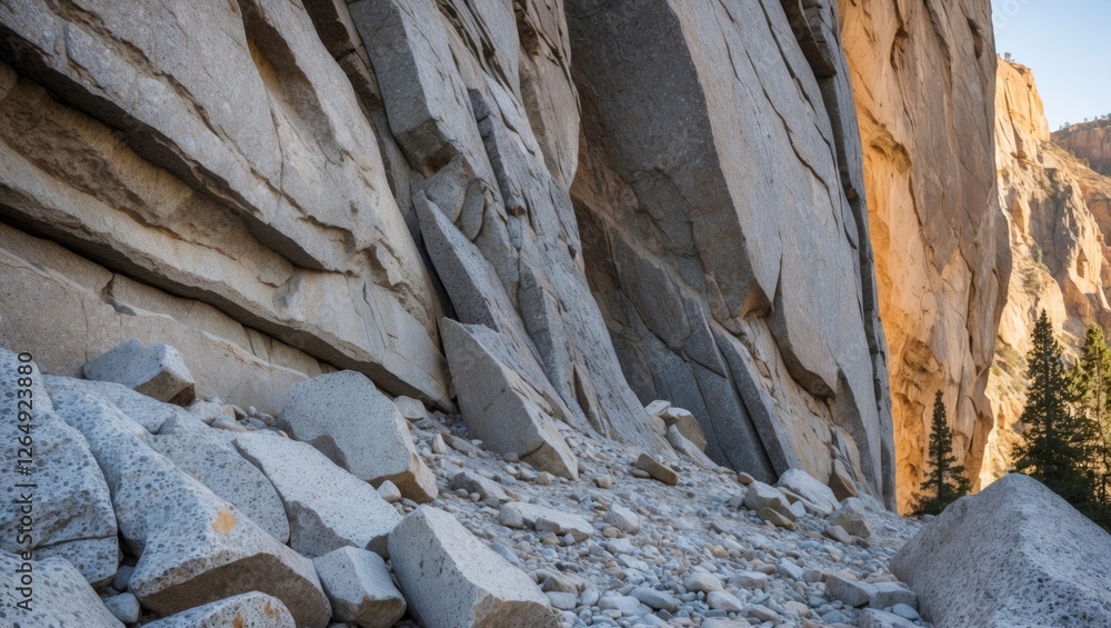Poster rocky cliffside with large boulders and gravel along the base in a mountainous landscape with pine t