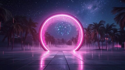 Futuristic Neon Gate  Night Sky  Palm Trees  80s Synthwave  Vaporwave  Cyberpunk  Sci Fi