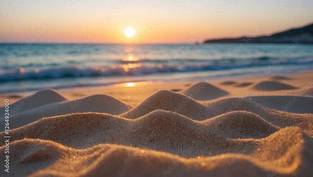 Poster sandy beach at sunset with gentle waves in background showcasing texture of sand with warm golden to