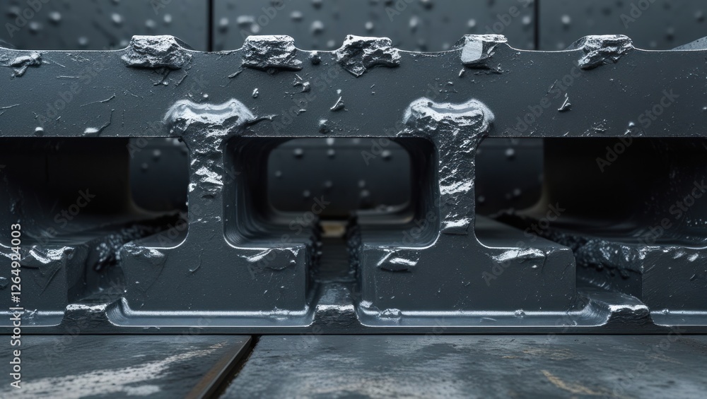 Poster detailed close-up view of a worn and textured industrial pallet on a wooden surface with visible wea