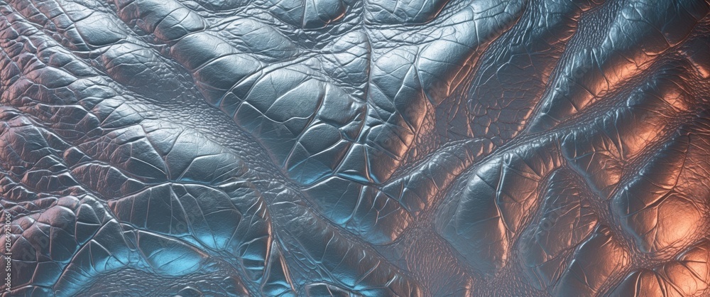 Aufkleber Textured close-up of crumpled leather with blue and orange lighting patterns suitable for background use Copy Space