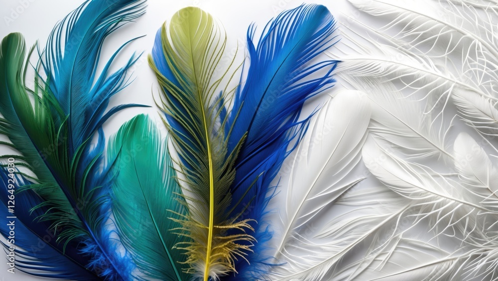 Poster colorful and textured feathers in blue, green, and white arranged artistically with copy space for t