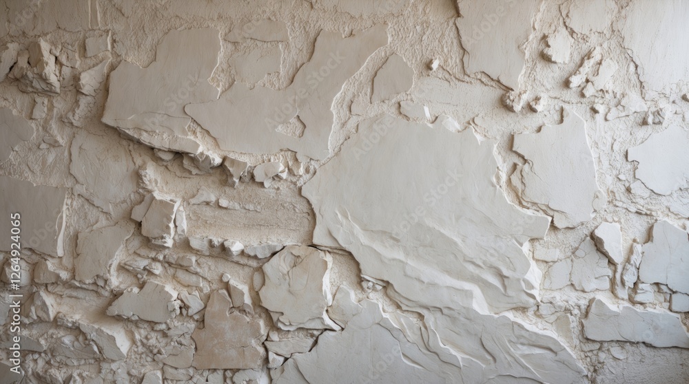 Poster Textured white plaster wall background with uneven surface and fragmented layers, suitable for interior design and renovation projects, Copy Space