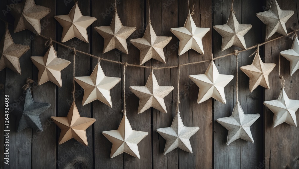 Poster Hanging decorative stars in various colors on a wooden background with string for festive decor and design Copy Space