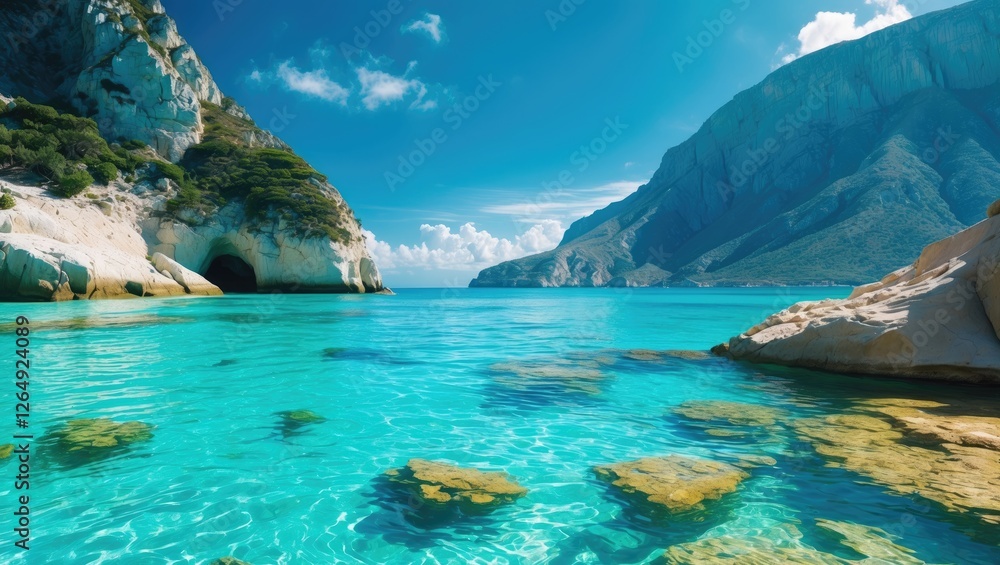 Poster panoramic view of clear turquoise water surrounded by rocky cliffs and mountains under a bright blue